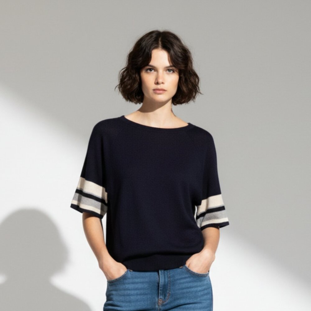 Peserico Women's Sweater Navy 100% Cotton Cap Sleeve Size 44/8 NWT